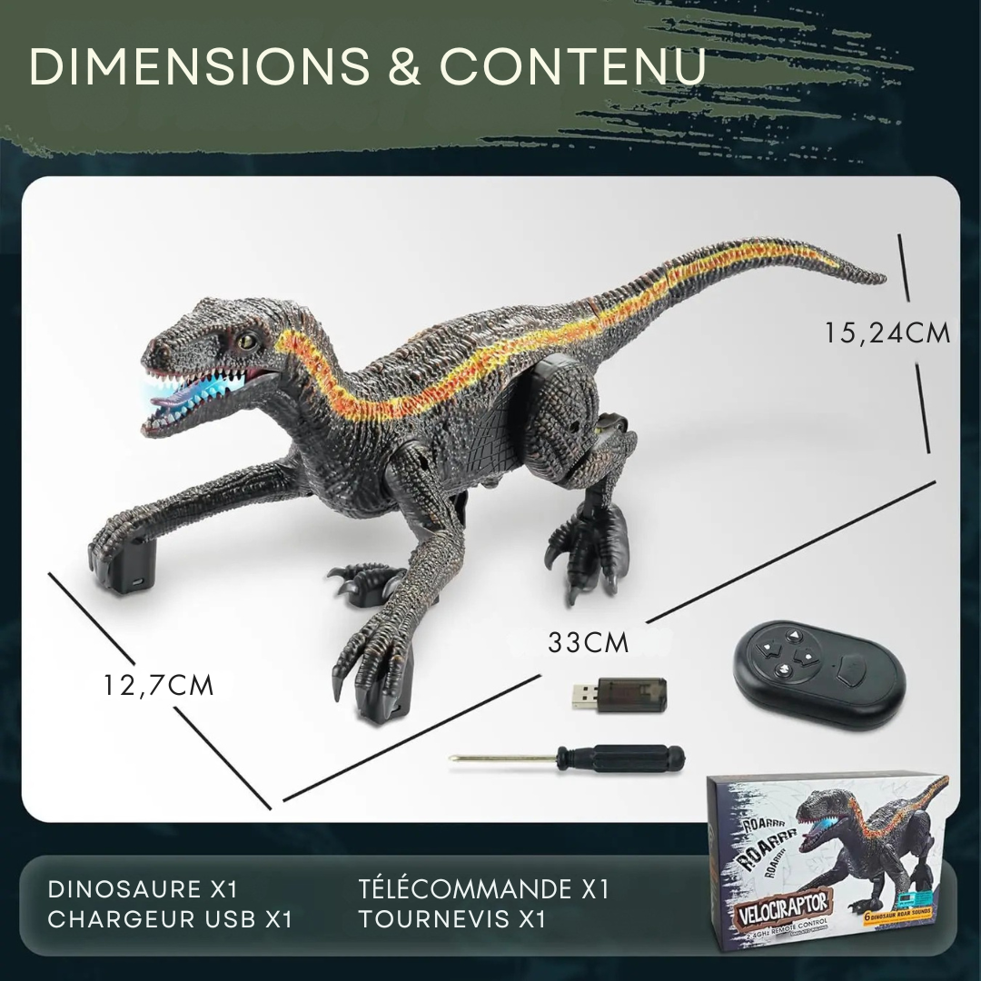 Dinosaure Télécommandé Velociraptor Noir avec Lumières et Sons – Jouet RC Réaliste pour Enfants