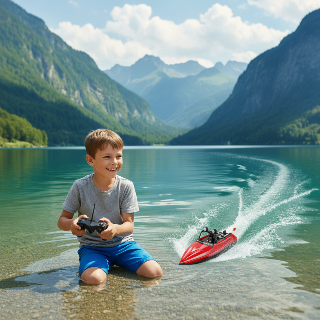 Bateau Télécommandé Électrique Rouge Haute Vitesse 2.4G Étanche - 16 km/h