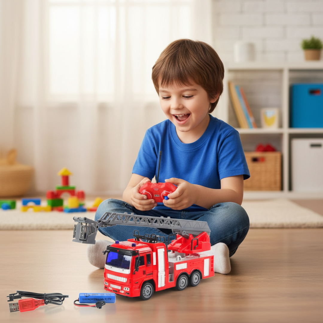 Camion de Pompier Télécommandé RC 1:32 – Jouet Électrique avec Échelle et Lumières