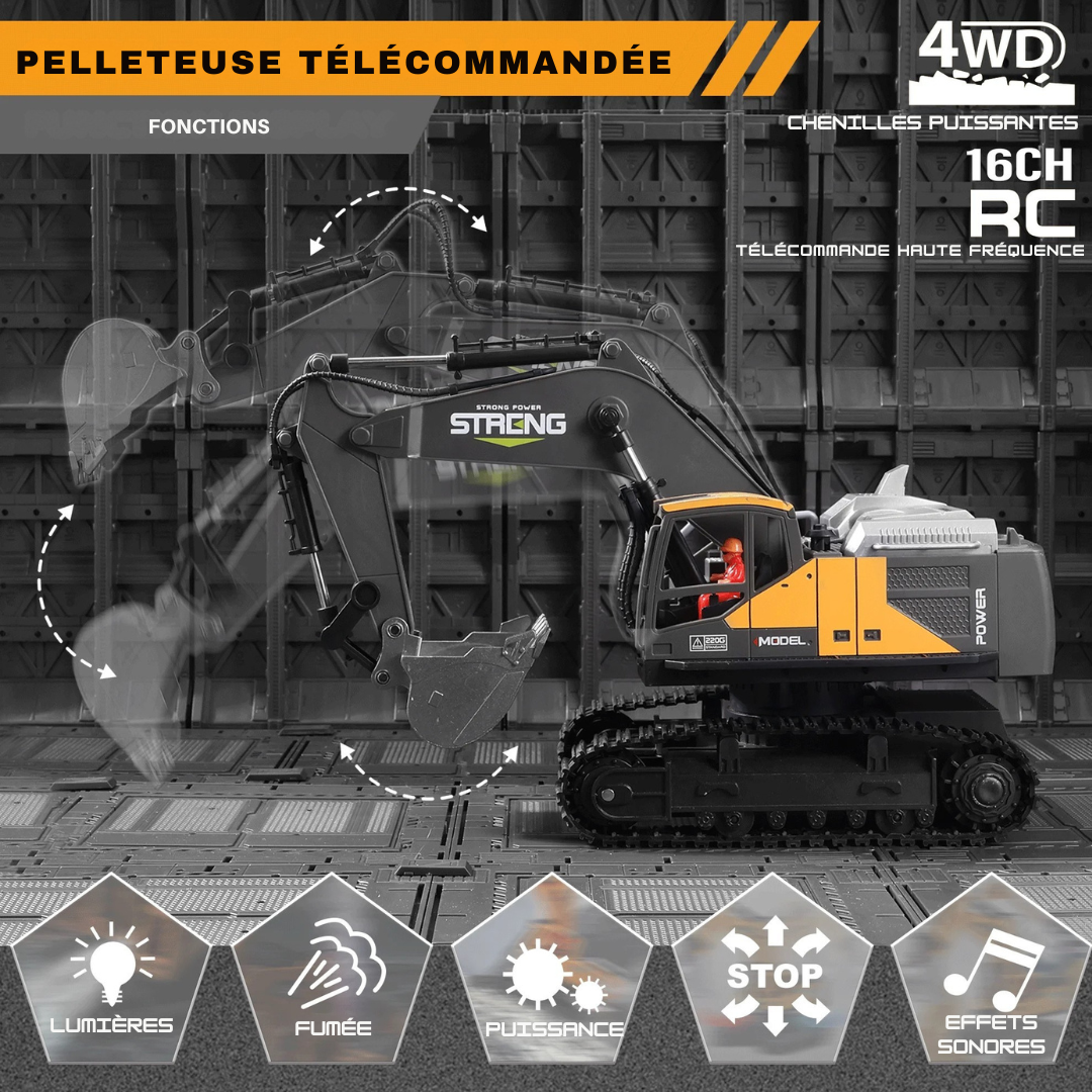 Pelleteuse Télécommandée ZWN 1:16 – Excavatrice RC 16 Canaux avec Lumières, Sons et Effets Réalistes