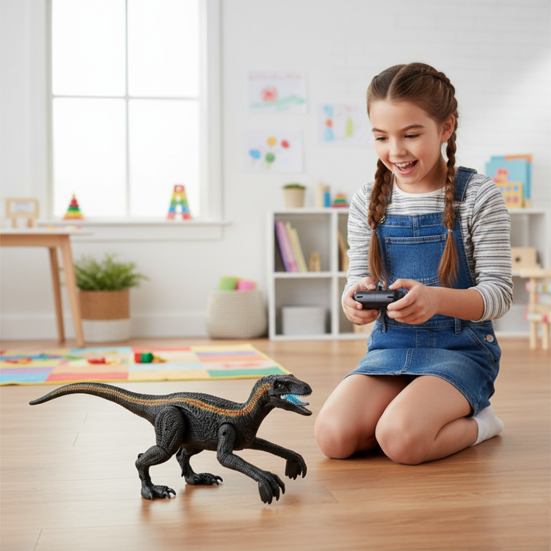 Dinosaure Télécommandé Velociraptor Vert avec Lumières et Sons – Jouet RC Réaliste pour Enfants