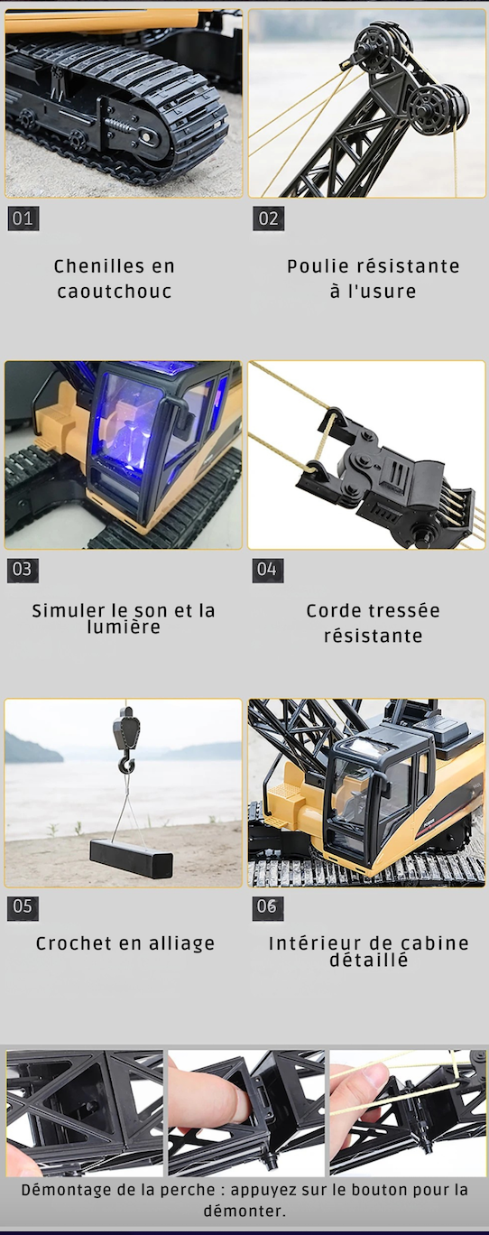 Grue Télécommandée HUINA 572 – Crochet Métal, Rotation 680°, Chenilles tout terrain