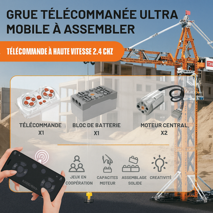 Grue télécommandée réaliste à construire : rotation, levage, contrôle double mode. Jouet éducatif 1288 pièces en ABS.