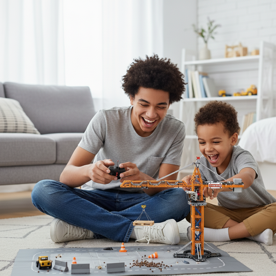 Grue télécommandée réaliste à construire : rotation, levage, contrôle double mode. Jouet éducatif 1288 pièces en ABS.