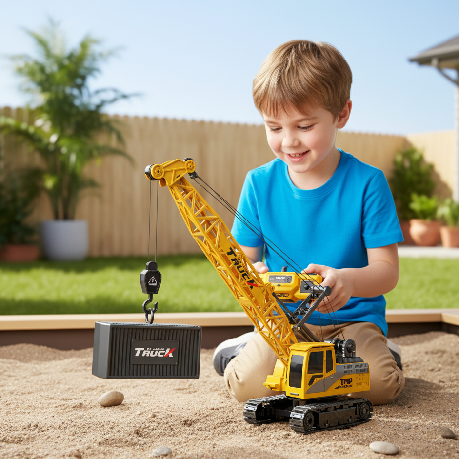 Grue Télécommandée RC 9 Canaux – Jouet de Chantier Réaliste avec Sons et Lumières pour Enfants