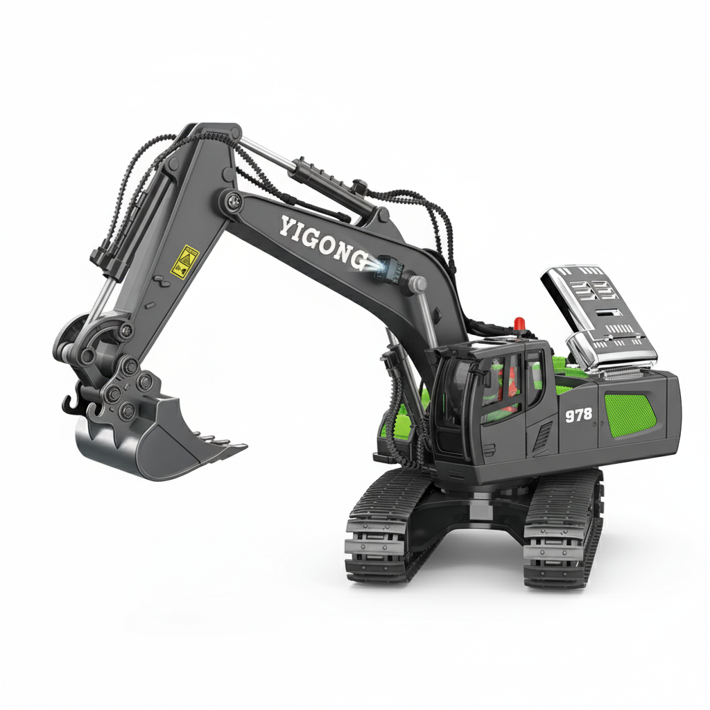 Pelleteuse Télécommandée RC 1:20 – Excavatrice 10 canaux en métal avec batterie longue durée Verte