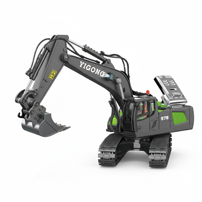 Pelleteuse Télécommandée RC 1:20 – Excavatrice 10 canaux en métal avec batterie longue durée Verte