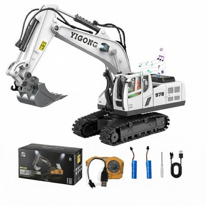 Pelleteuse Télécommandée RC 1:20 – Excavatrice 10 canaux en métal avec batterie longue durée Blanche