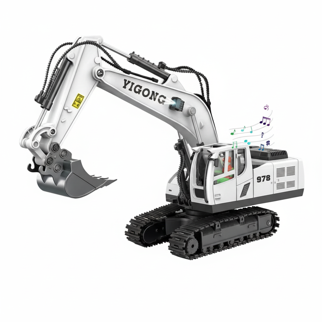 Pelleteuse Télécommandée RC 1:20 – Excavatrice 10 canaux en métal avec batterie longue durée Blanche