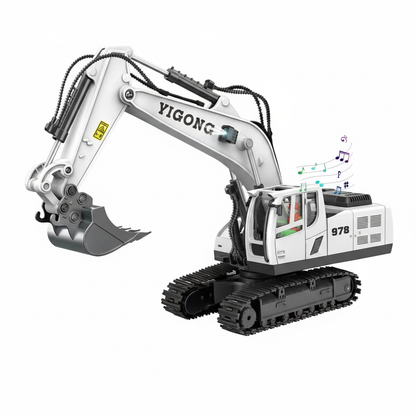 Pelleteuse Télécommandée RC 1:20 – Excavatrice 10 canaux en métal avec batterie longue durée Blanche