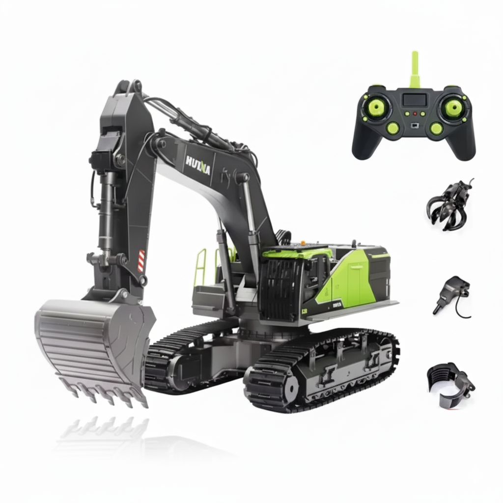 Pelleteuse Télécommandée Huina 593 1:14 – Excavatrice RC Métal avec accessoires interchangeables