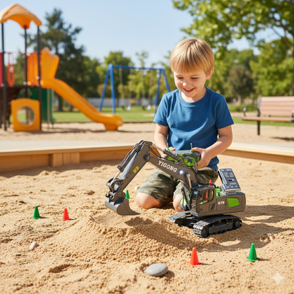 Pelleteuse Télécommandée RC 1:20 – Excavatrice 10 canaux en métal avec batterie longue durée Verte