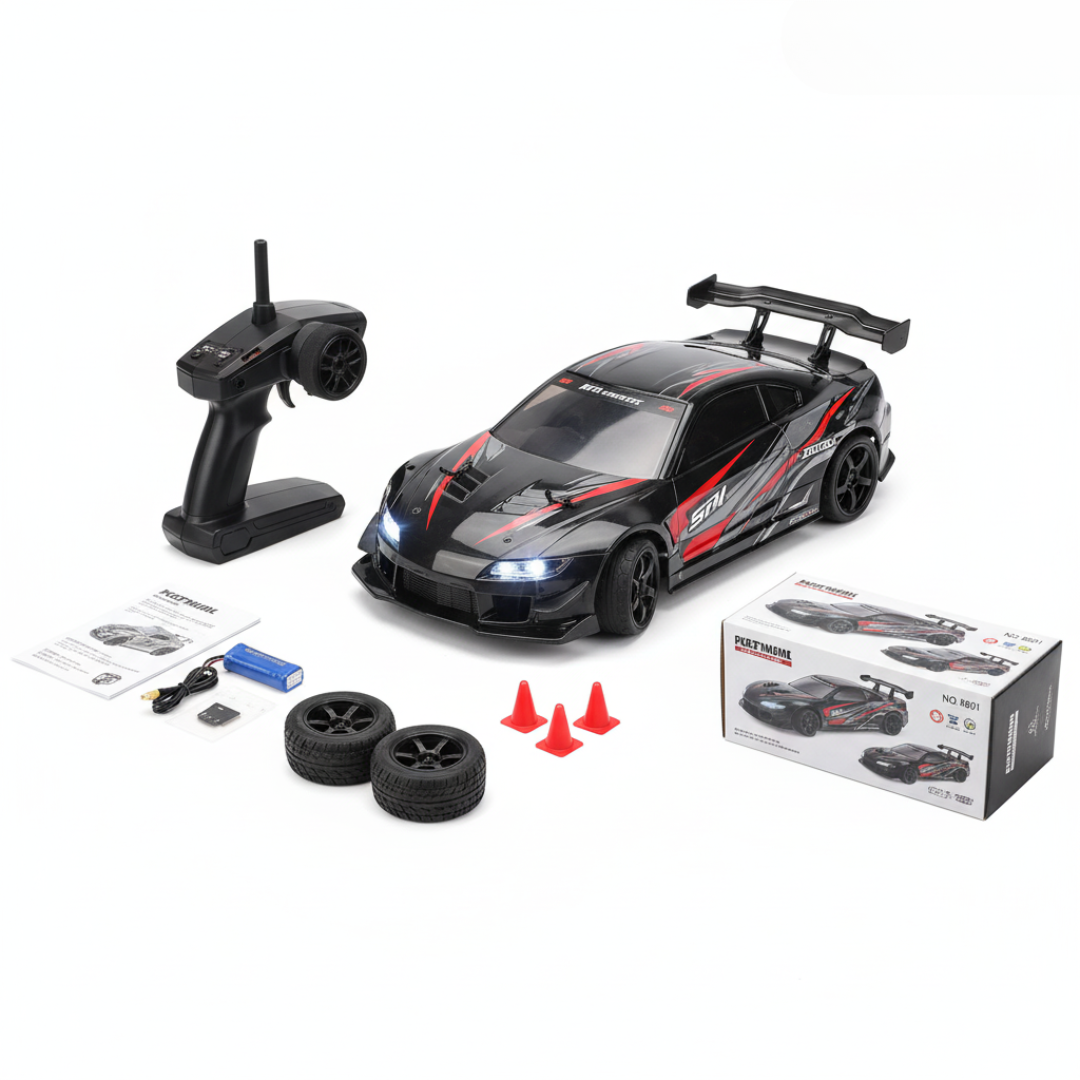 Voiture télécommandée Drift Mustang 1:24 – 4WD, LED, Haute Vitesse RC avec pneus remplaçables