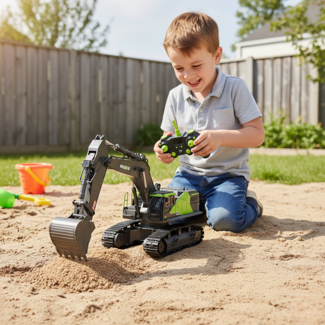 Pelleteuse Télécommandée Huina 593 1:14 – Excavatrice RC Métal avec accessoires interchangeables