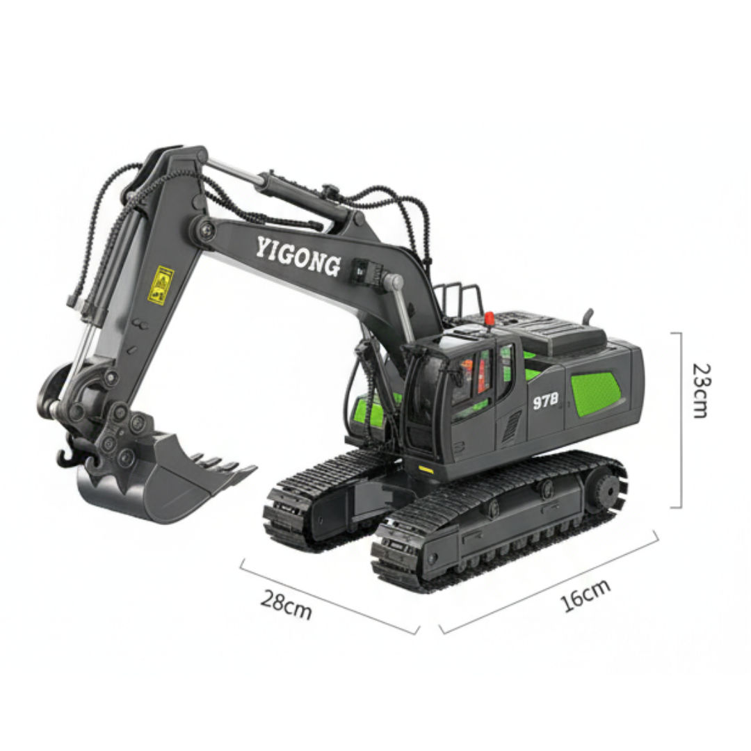 Pelleteuse Télécommandée RC 1:20 – Excavatrice 10 canaux en métal avec batterie longue durée Verte
