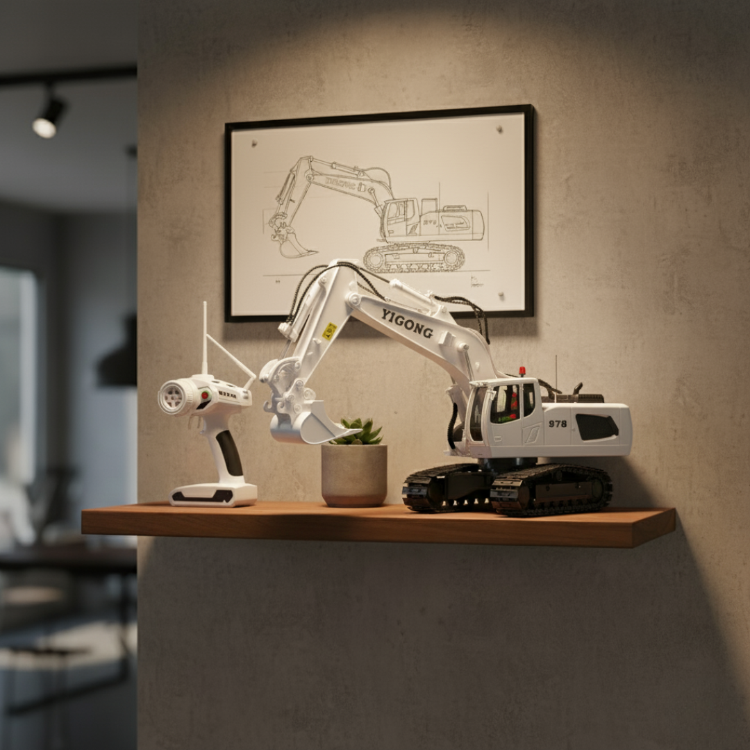 Pelleteuse Télécommandée RC 1:20 – Excavatrice 10 canaux en métal avec batterie longue durée Blanche