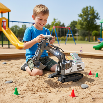 Pelleteuse Télécommandée RC 1:20 – Excavatrice 10 canaux en métal avec batterie longue durée Blanche