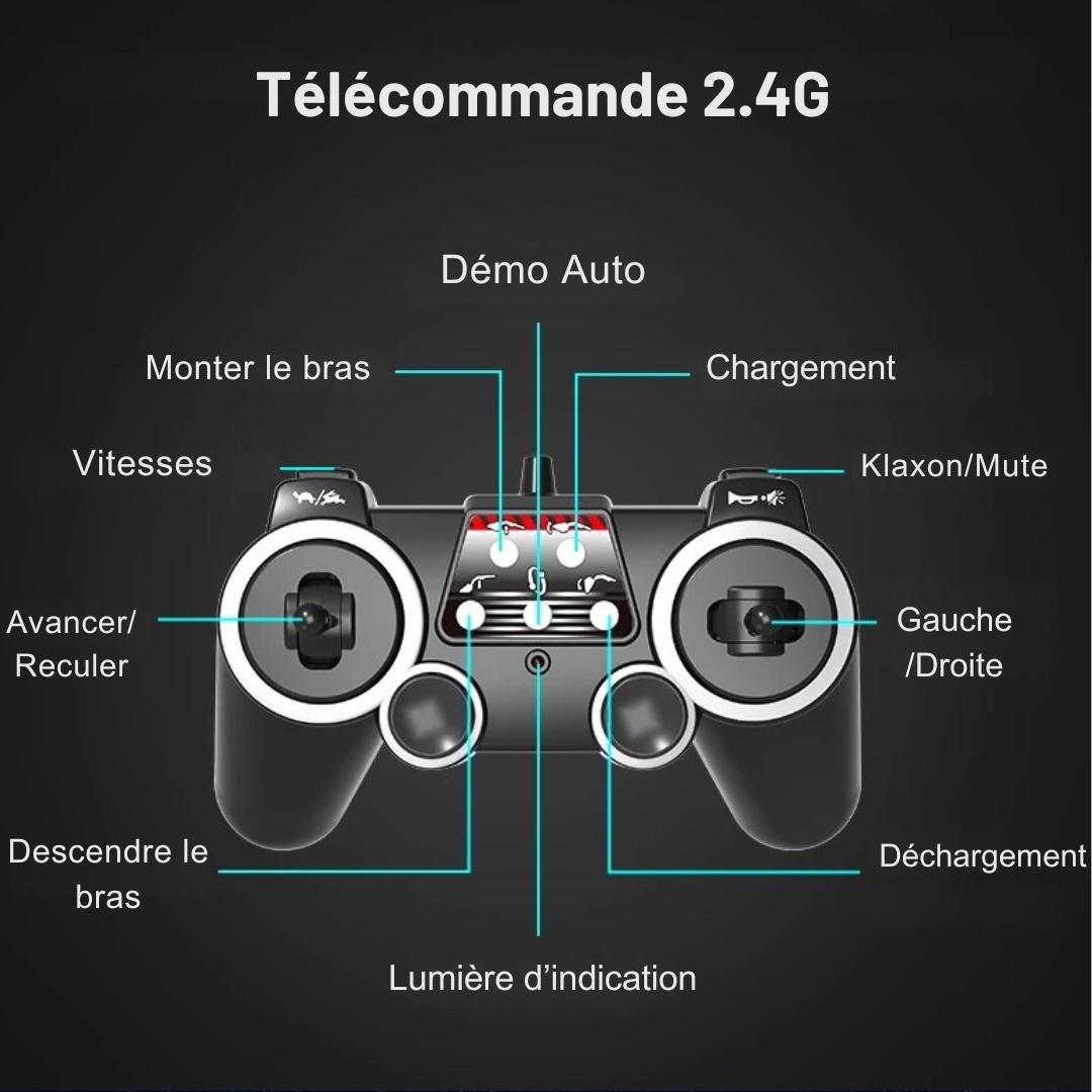 Pelleteuse Télécommandée Double E E594 1:14 – Chargeur RC réaliste avec lumières et sons