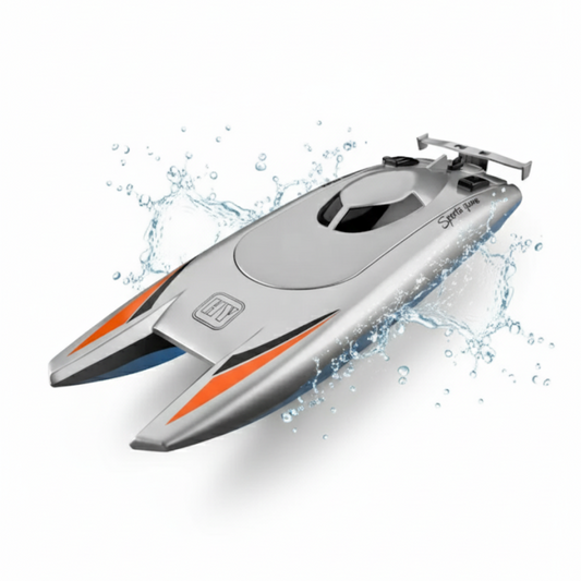 Bateau Télécommandé de Course RC Haute Vitesse Gris – Double Moteur, Étanche & Ultra Puissant