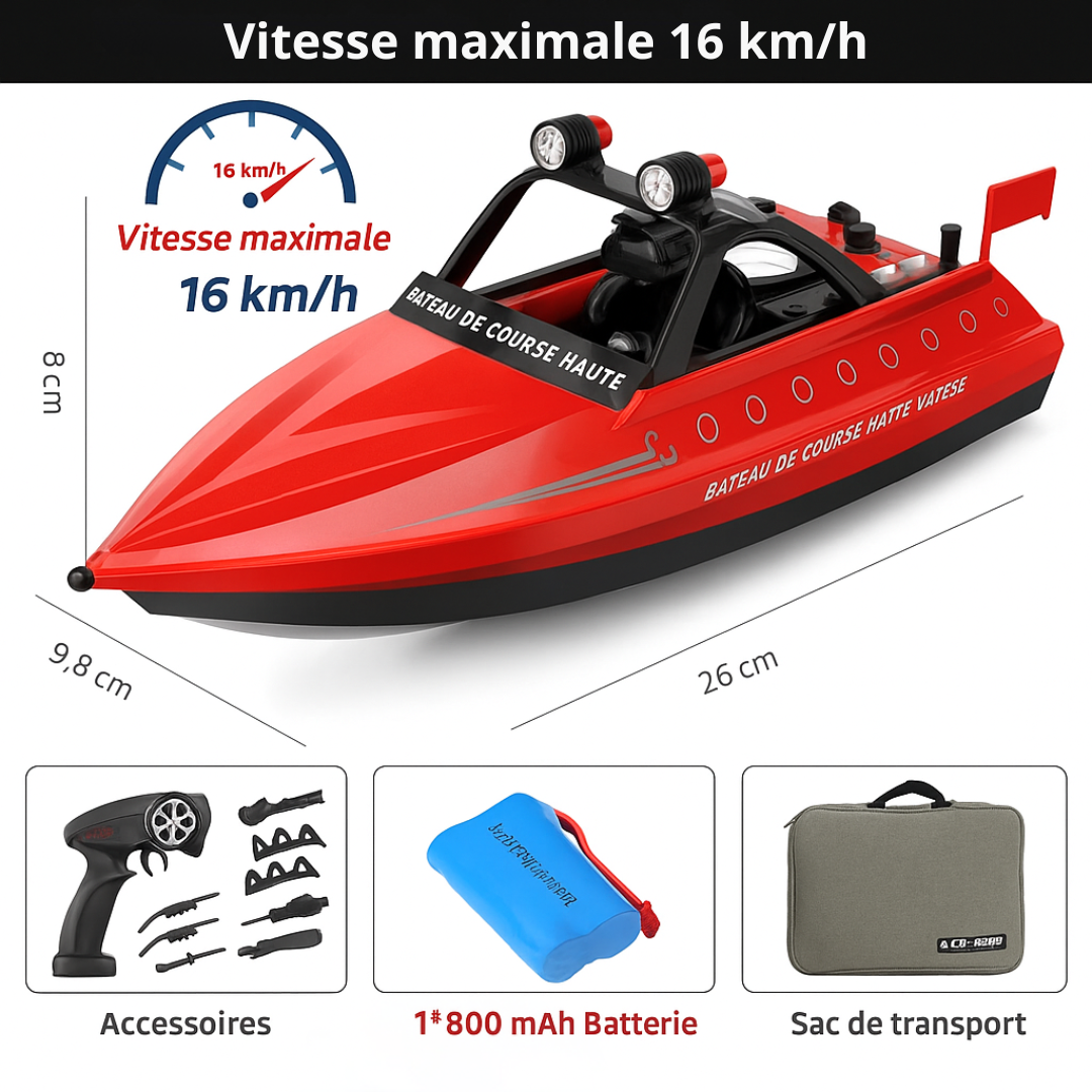 Bateau Télécommandé Électrique Rouge Haute Vitesse 2.4G Étanche - 16 km/h